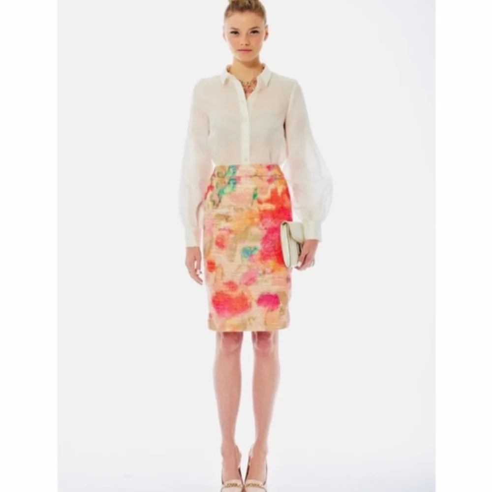 Kate Spade Watercolor Jacquard Tweed Pencil Skirt XS Multicolor Metallic Floral